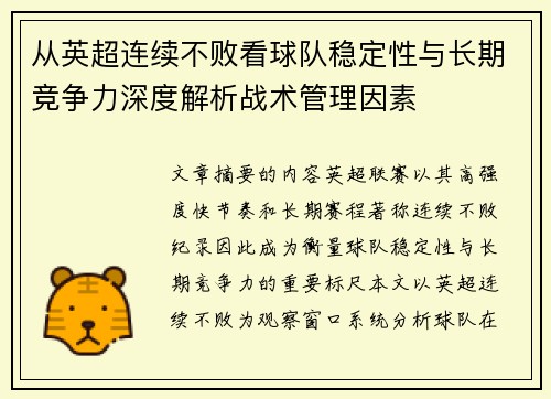 从英超连续不败看球队稳定性与长期竞争力深度解析战术管理因素