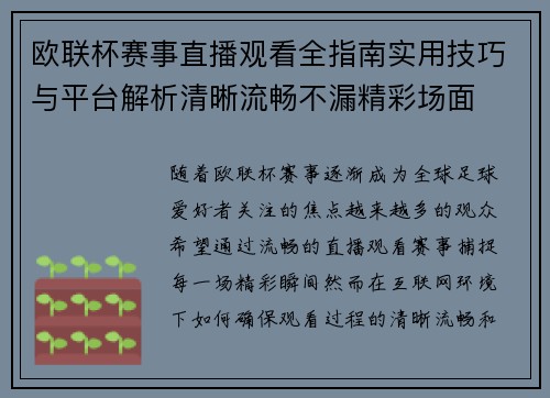 欧联杯赛事直播观看全指南实用技巧与平台解析清晰流畅不漏精彩场面