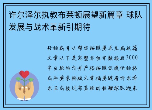 许尔泽尔执教布莱顿展望新篇章 球队发展与战术革新引期待