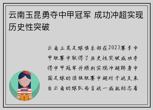 云南玉昆勇夺中甲冠军 成功冲超实现历史性突破